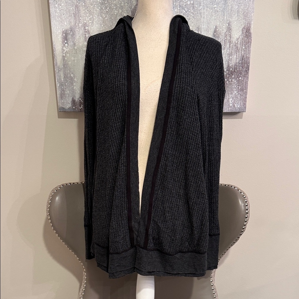 Three Dots charcoal grey hooded waffle knit Open-Front Sweater size medium